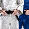 Dois praticantes de artes marciais com quimonos, um branco e outro azul, com cintos pretos, focando-se na zona do tronco e das mãos a ajustar o cinto.