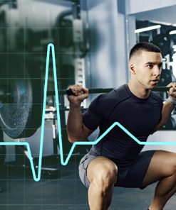 Homem a realizar agachamento com barra carregada no ginásio, com sobreposição de um gráfico de linha estilo eletrocardiograma.