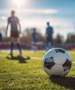 Bola de futebol em destaque num campo relvado com jogadores desfocados ao fundo.