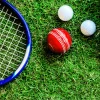 Raquete de ténis, bolas de golfe e de críquete sobre relva.