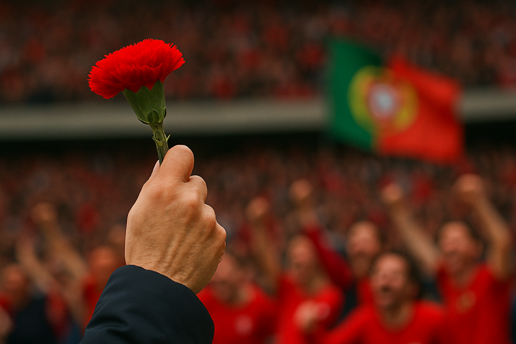 Cravo vermelho erguido por uma mão em celebração, com multidão ao fundo e bandeira de Portugal, símbolo do 25 de Abril e da liberdade em Portugal.